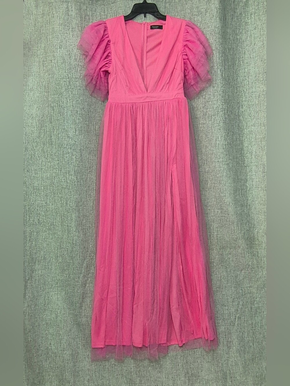 Pink Tulle Midi Dress with Puff Sleeves